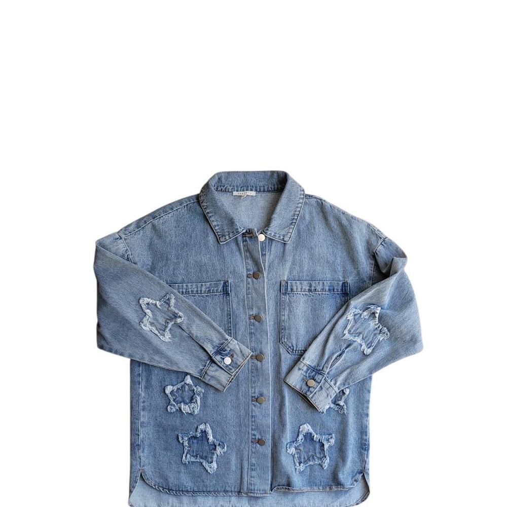 Baevely Distressed Raw-Edge Star Patch Oversized Denim Shirt Jacket. Size S